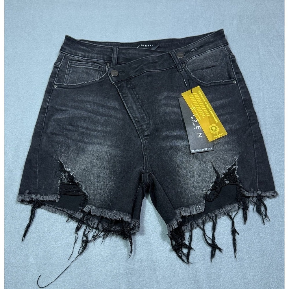 Risen Jeans Womens XL Black High Rise Distressed Raw Hem Cutoff Denim Shorts NEW